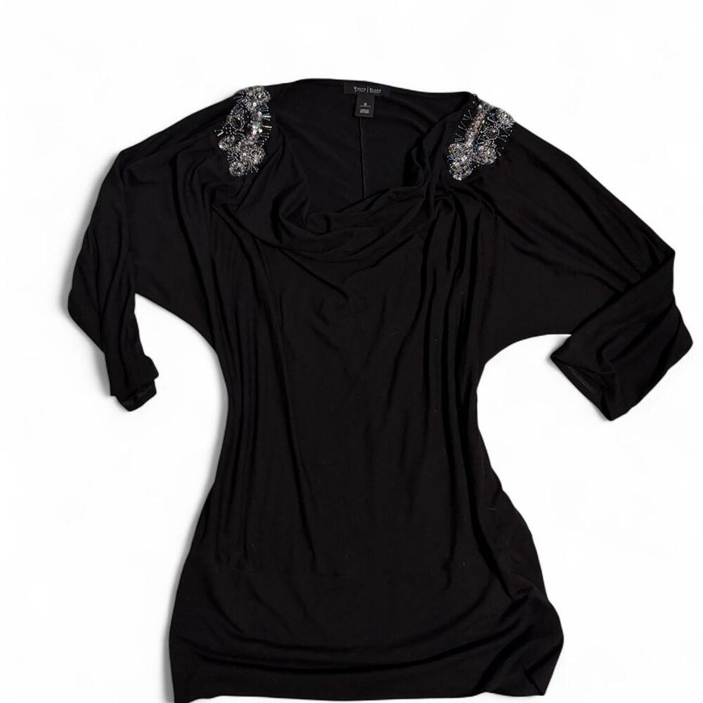 Whit House Black Market black batwing blouse with silver beaded embellishments o